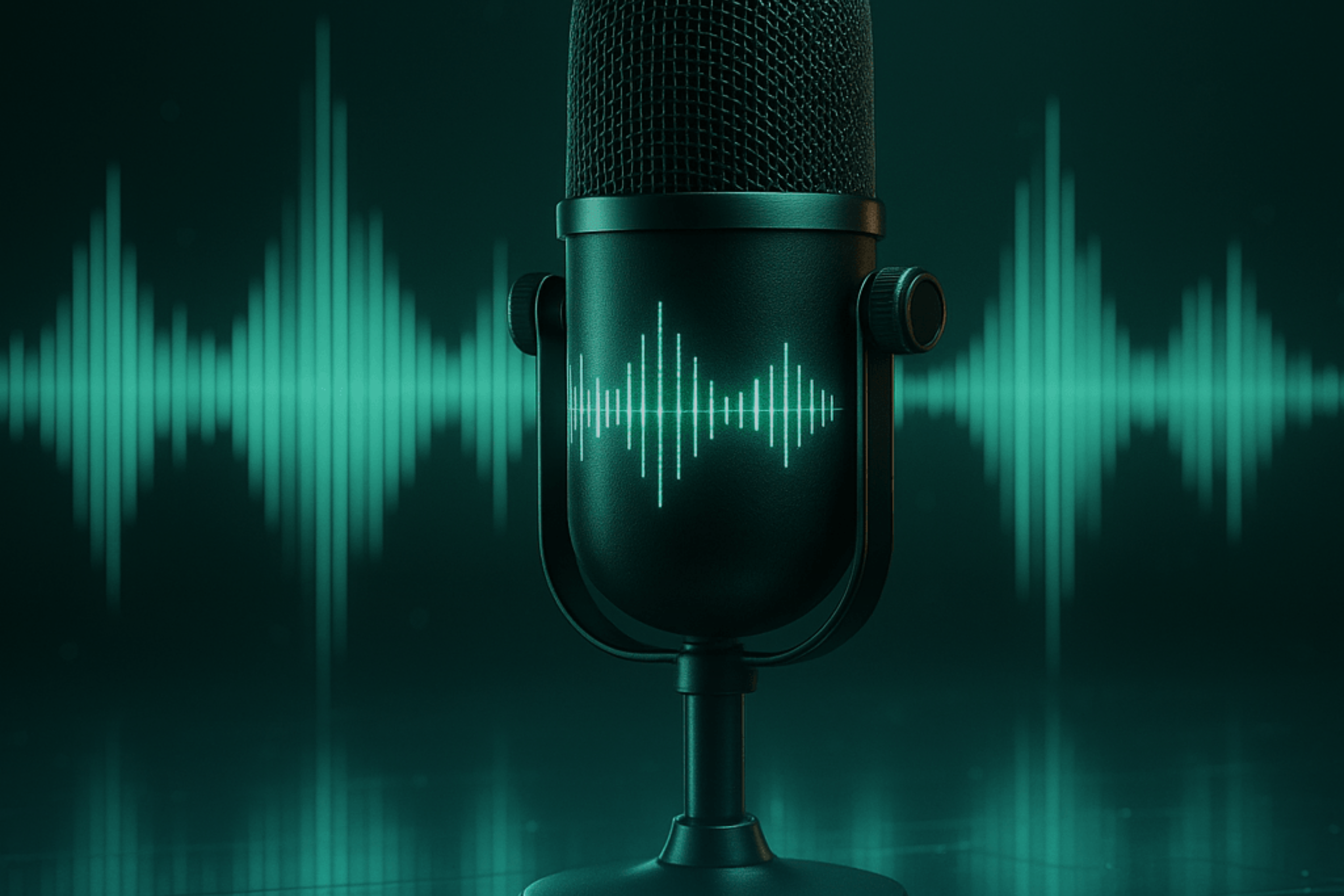 A vintage microphone is seen against a dark background with glowing green audio waveforms. The image conveys a modern, tech-inspired atmosphere.