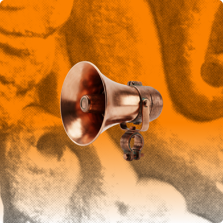 Copper megaphone on an orange halftone tile