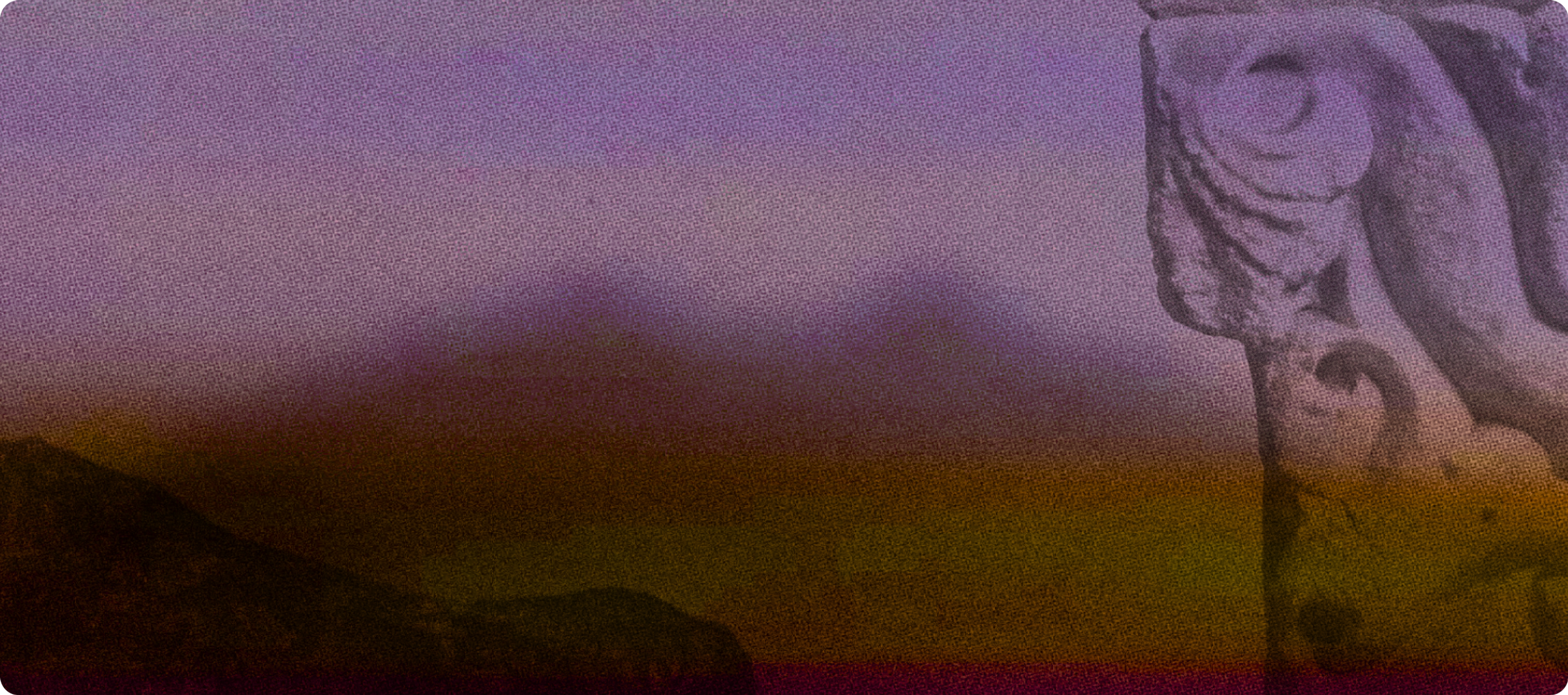 Purple paper texture fading to amber, with a carved stone figure at the right