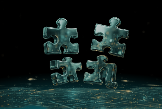 Four jigsaw pieces in a digital landscape