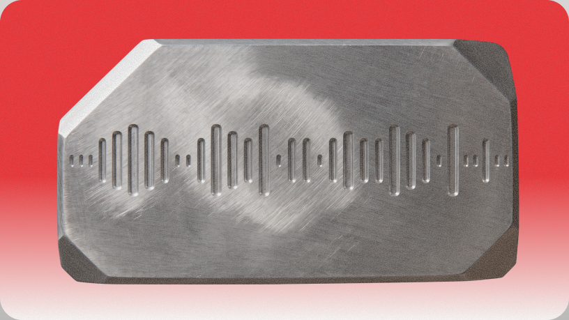 Aluminium sound bar engraved with an audio waveform, on a red gradient tile