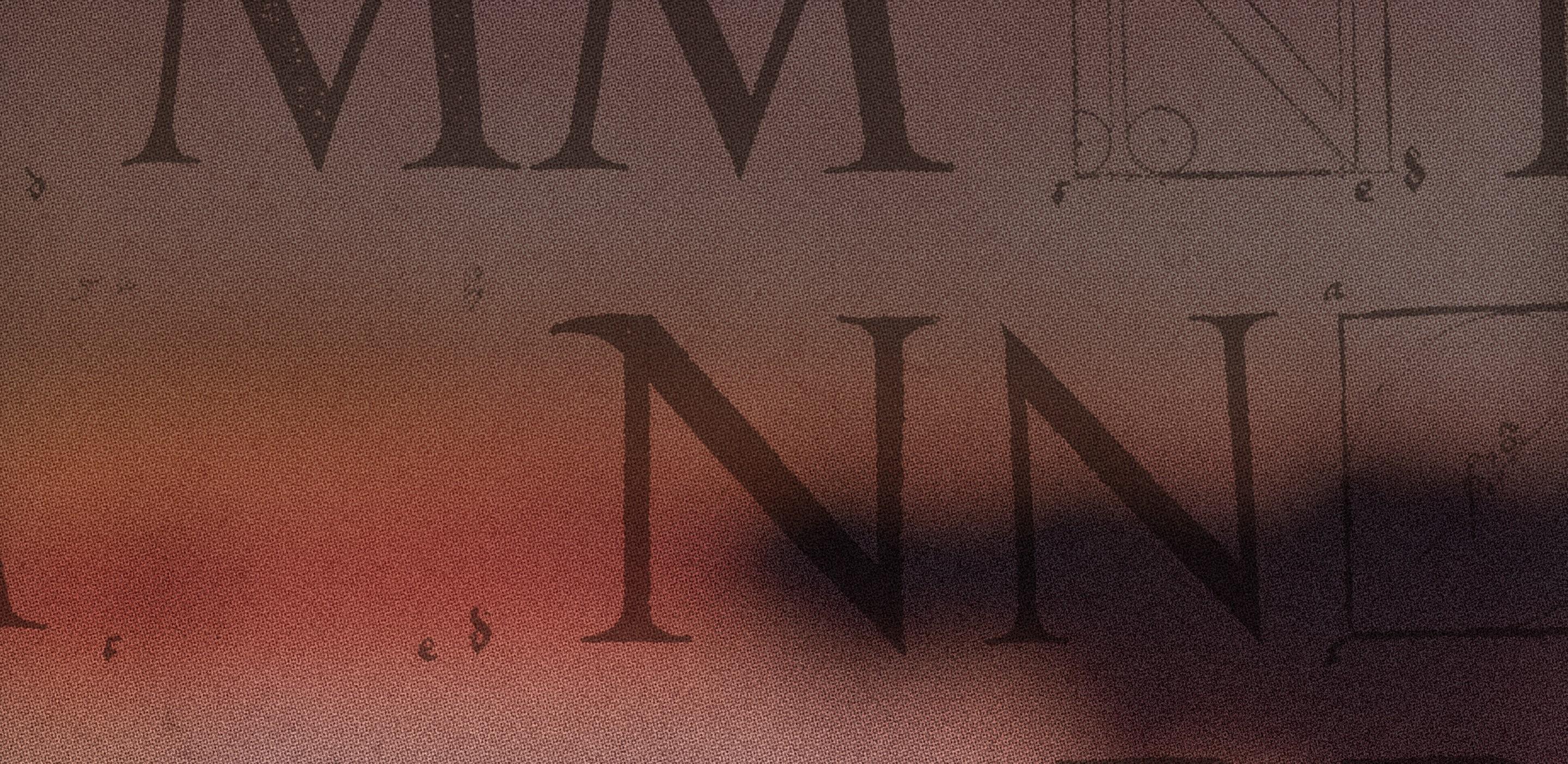 Blurred red and amber sunset under faint engraved capital letters