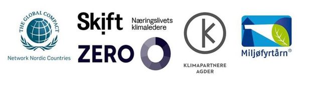 Logoer til UN Global Compact, Skift, Zero, Næringslivets klimaledere, Klimapartnere Agder, Miljøfyrtårn