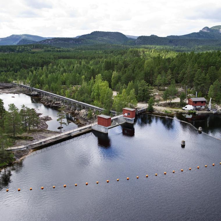 Kraftverk, vann, skog. Foto.