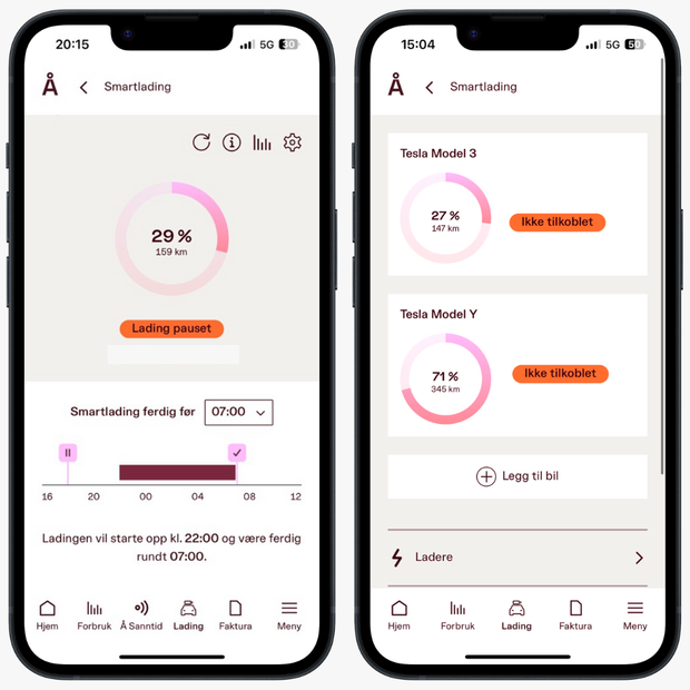To bilder av visning av smartlading i Å-appen