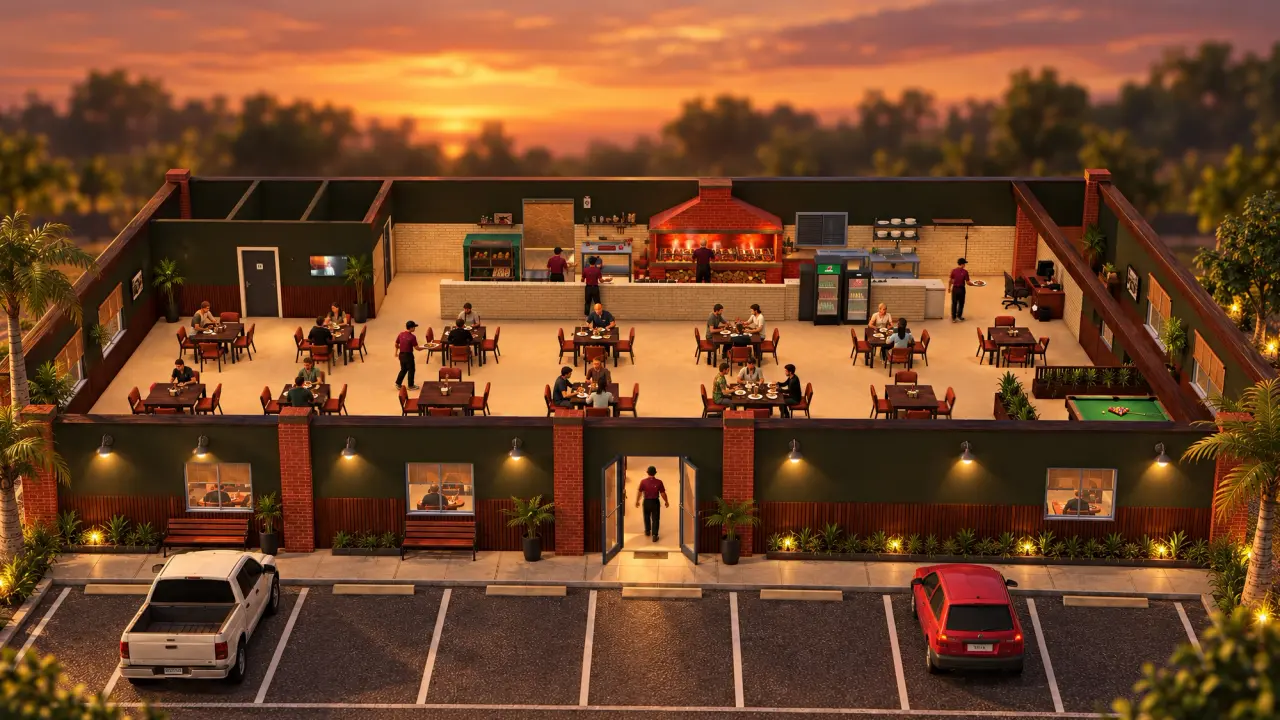 A churrascaria do Grill House Simulator em miniatura ao pôr do sol, mesas cheias e a churrasqueira acesa