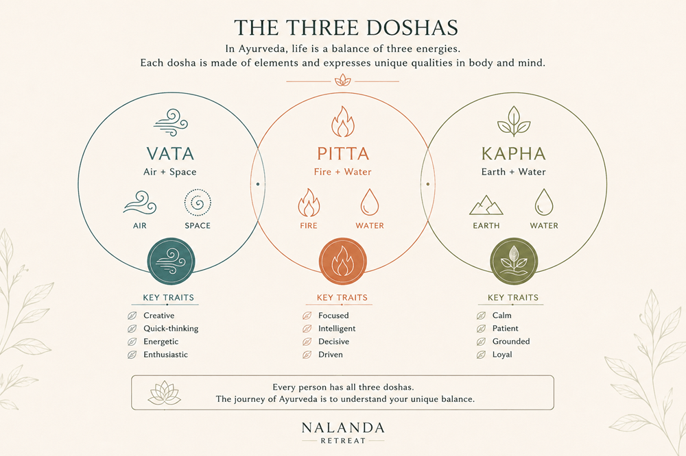 Vata Pitta Kapha Ayurvedic dosha diagram - elements and characteristics explained