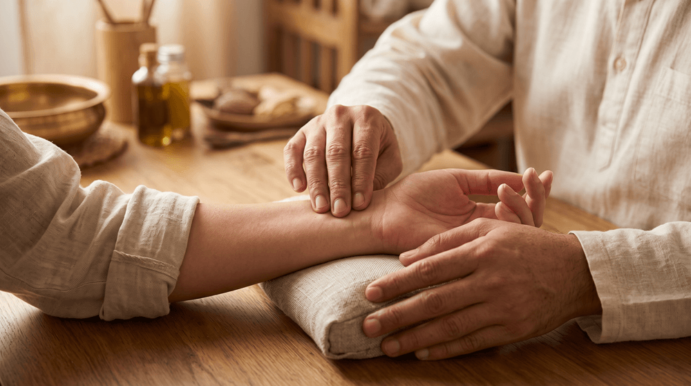 Nadi Pariksha pulse diagnosis for Panchakarma programme at Nalanda Retreat Goa