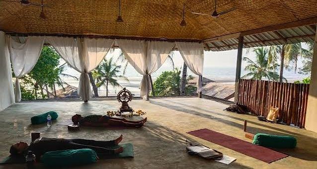 Nalanda Retreat yoga shala evening setup for yoga nidra session Mandrem