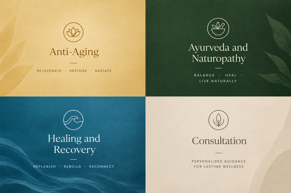 Four pillars of Soma Cove longevity wellness spa at Nalanda Retreat: Anti-Aging, Ayurveda, Healing, Consultation