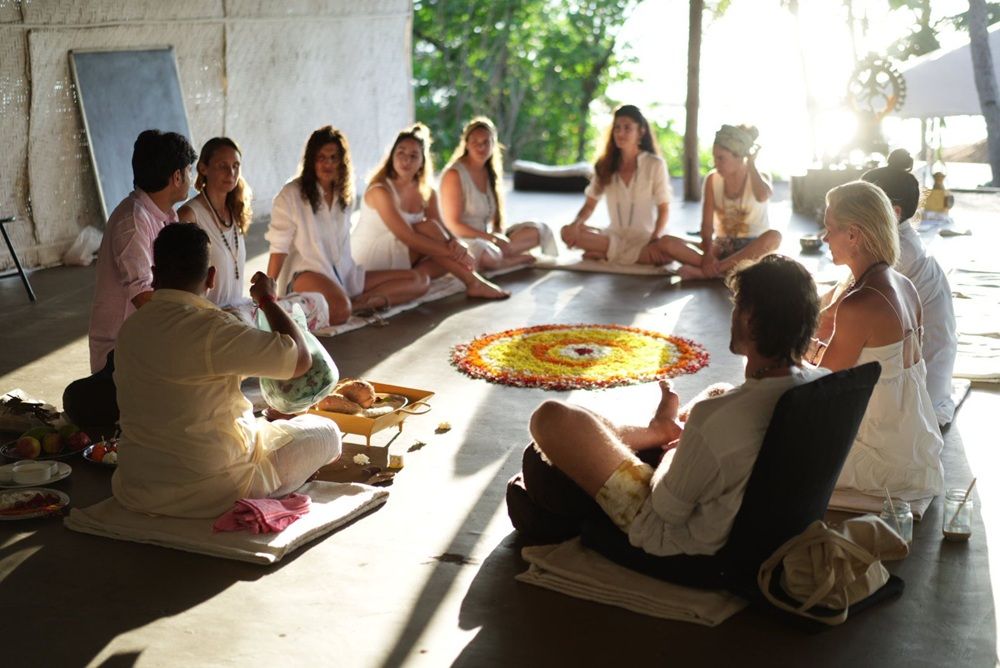 Morning yoga session and teacher interaction at Nalanda Retreat wellness retreat Goa
