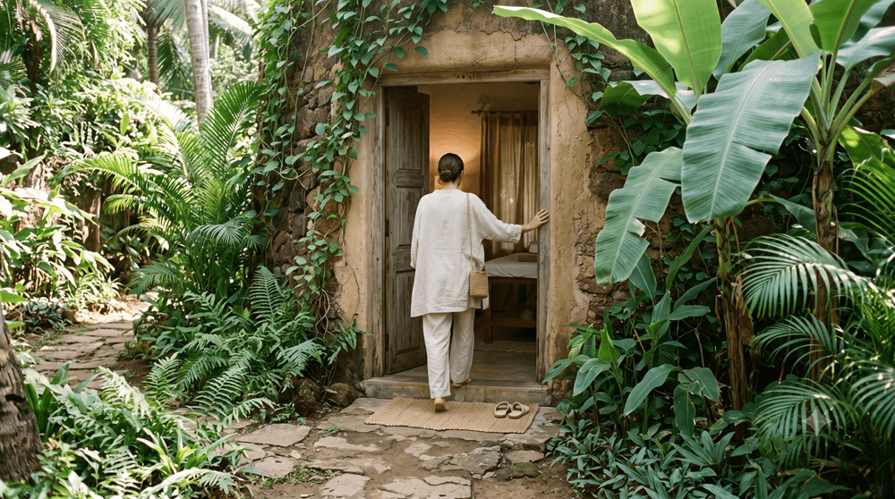 Entrance to Soma Cove longevity wellness spa at Nalanda Retreat Mandrem North Goa