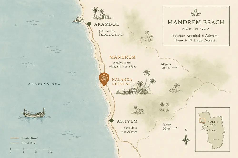 Map of Mandrem Beach location in North Goa between Arambol and Ashvem