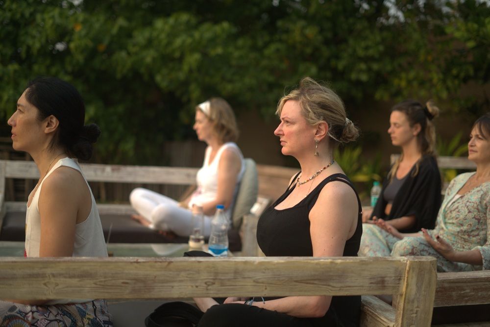 Open-air yoga shala at Nalanda Retreat Goa during monsoon rain