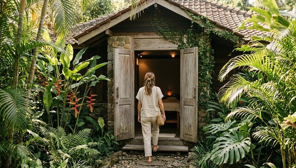 Entrance to Soma Cove longevity wellness spa at Nalanda Retreat Mandrem North Goa