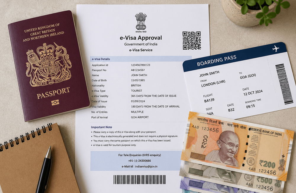 UK visa and travel documents needed for yoga retreat trip to Goa India