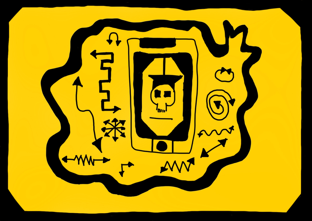 Digital drawing with black shapes, mostly arrows on a yellow background