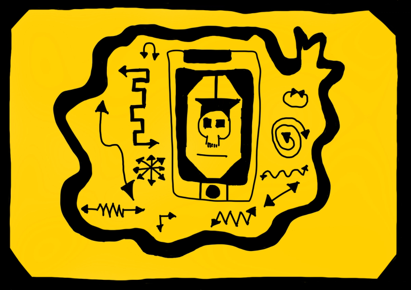 Digital drawing with black shapes, mostly arrows on a yellow background