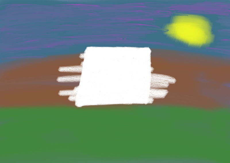 Abstract drawing on a with square with messy lines over it. The background resembles a landscape with a blue sky, yellow sun, earth and grass field.