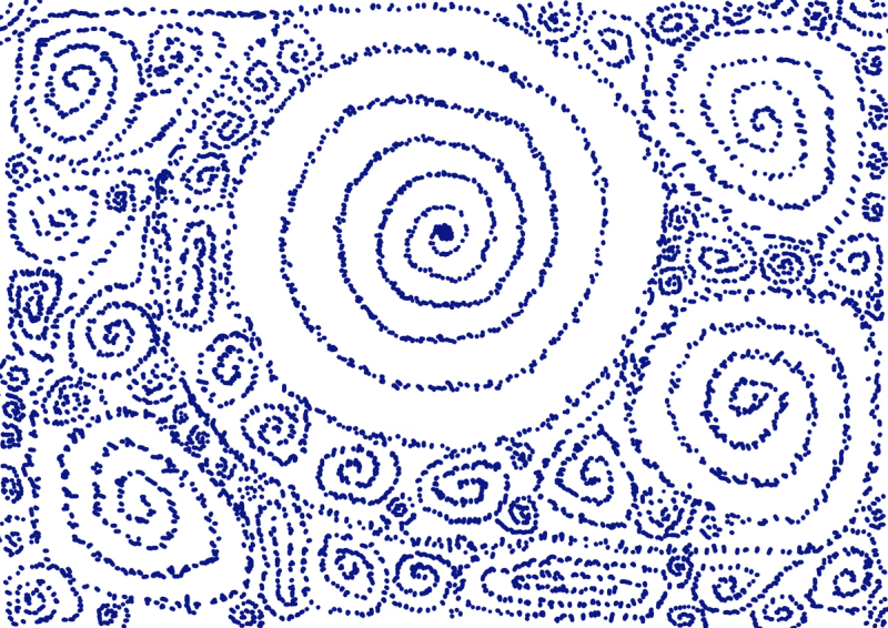 Digital Artwork of dotted spirals representing galaxies