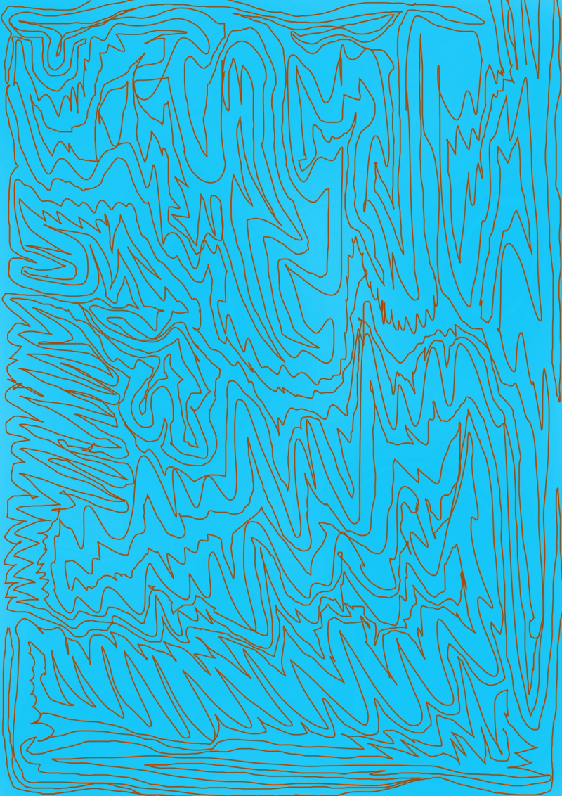 Abstract digital drawing of a deep swirly and curvy red line on a light blue background.