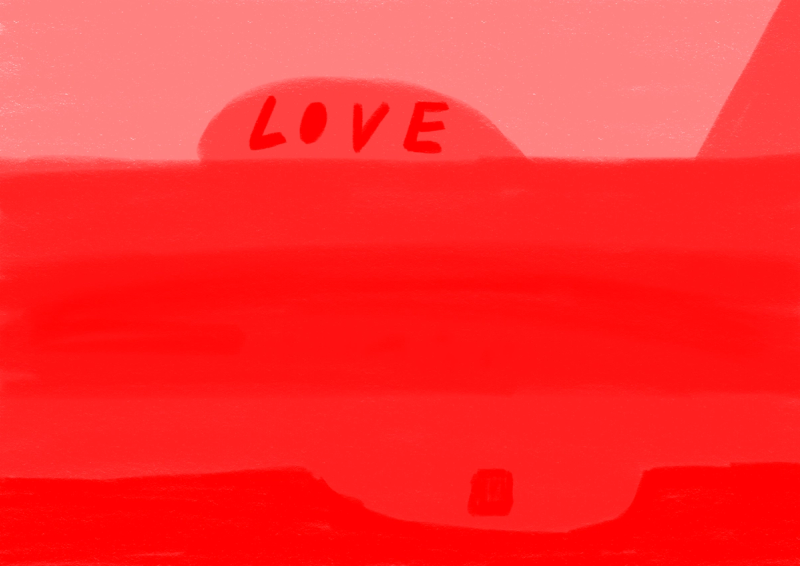 Digital drwaing with red shades, simple shapes and the word love written.