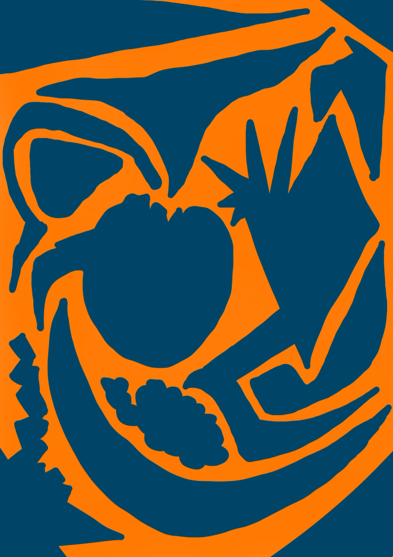 Drawing of deep blue abstract shapes on a orange background