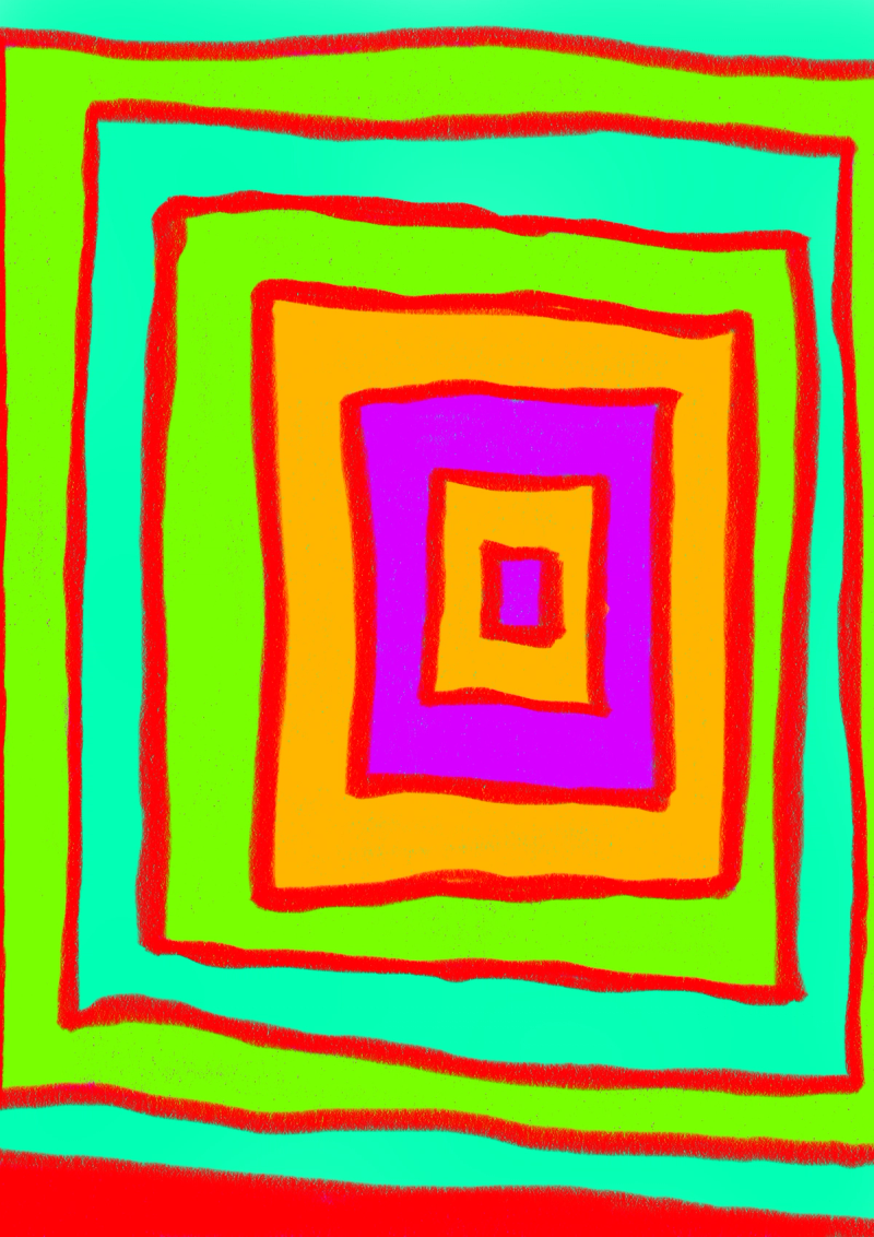 Digital abstract drawing on colorful squares inside other colorful squares, creating a slight 3d tunnel effect.