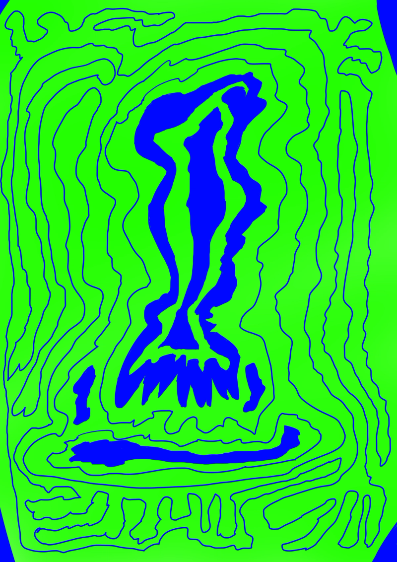 Image of an abstract digital Drawing presenting a green background with deep blue lines.