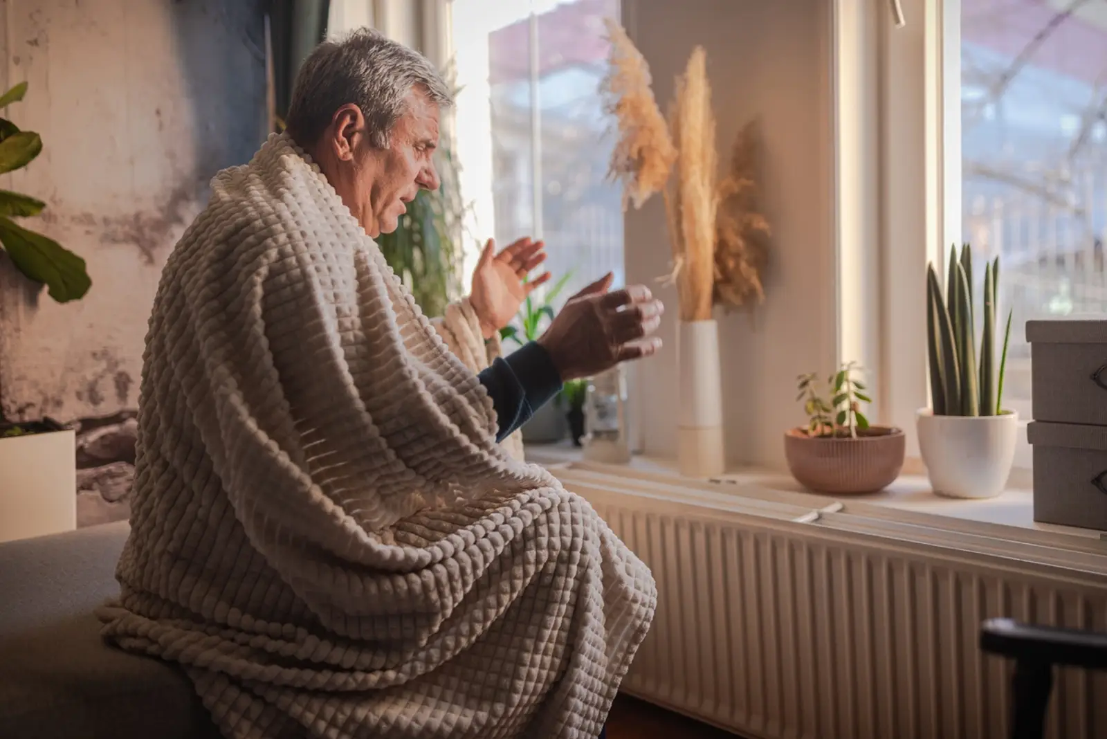 Elderly man with blanket sitting near radiator