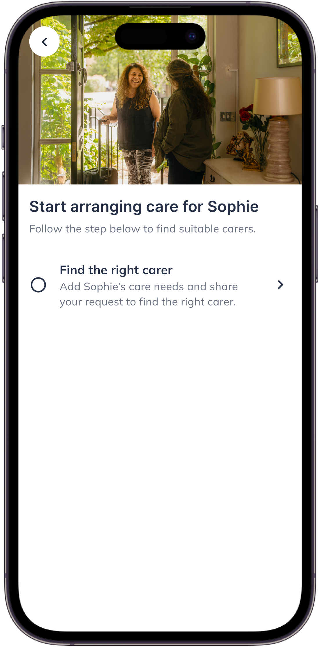 Screenshot of arranging care via the Elder app