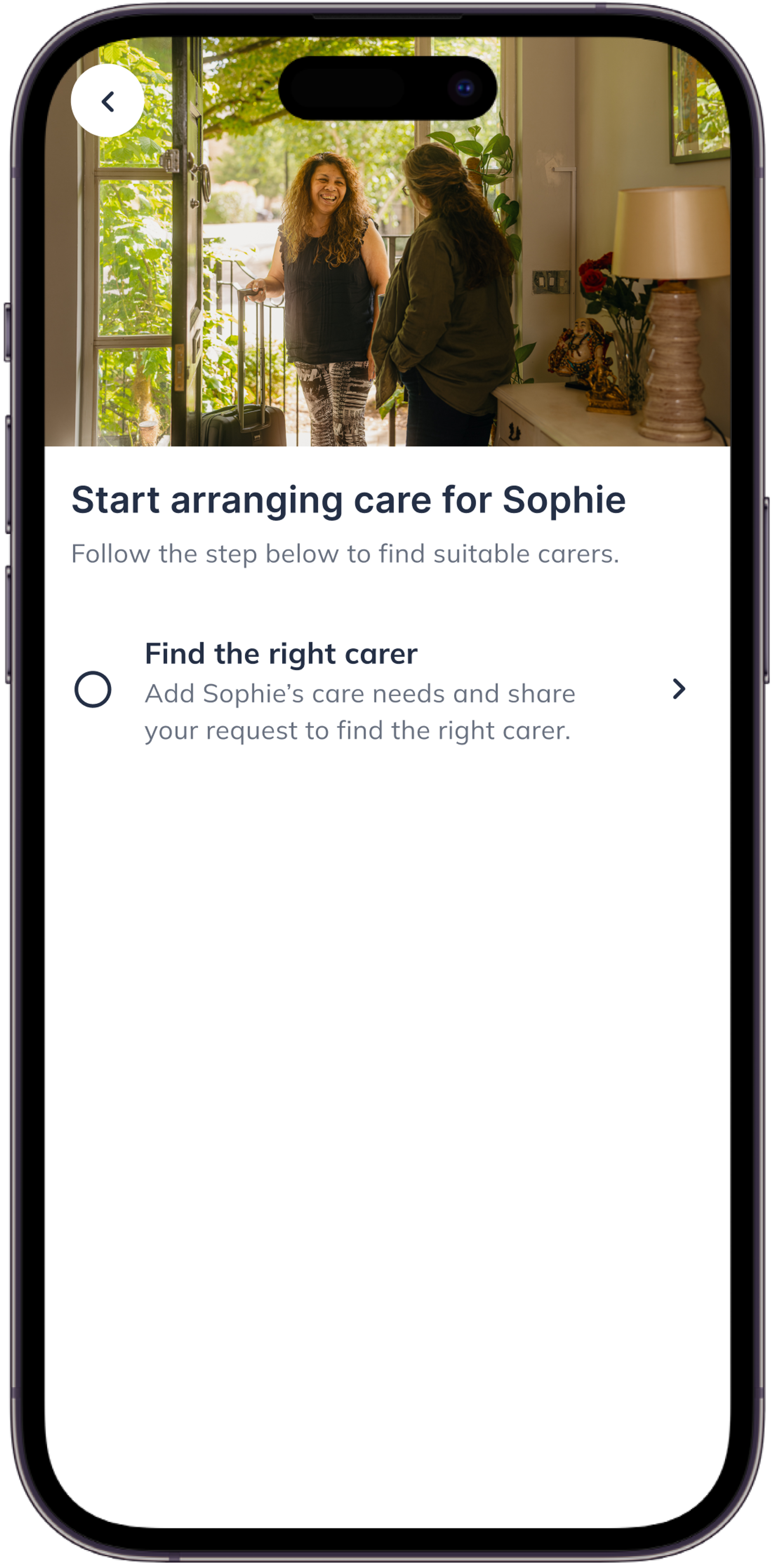 Screenshot of arranging care via the Elder app