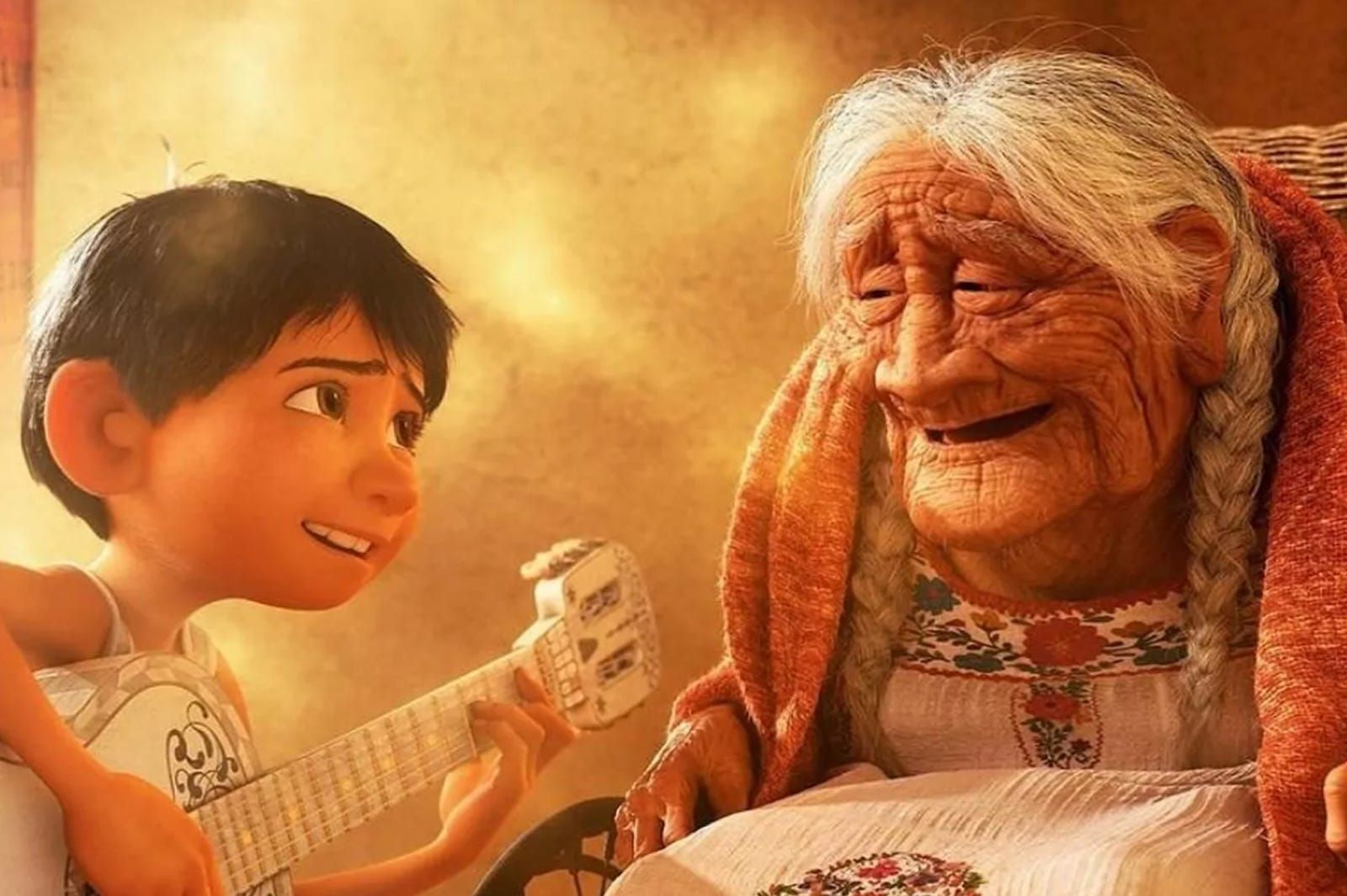Miguel plays the guitar to help his great-grandmother Mamá Coco, who is losing her memory, reconnect in Coco (2017)
