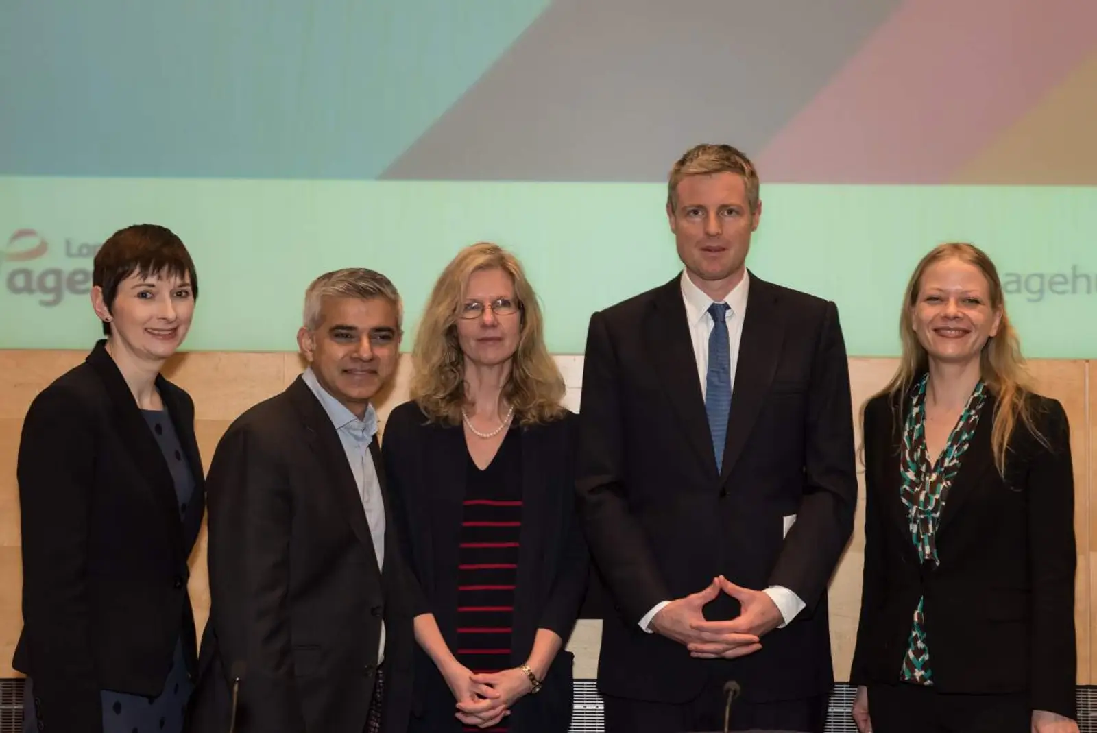 (From left to right) Caroline Pidgeon, Liberal Democrat; Sadiq Khan, Labour; Samantha Mauger; Zac Goldsmith, Conservative; and Sian Berry, Green