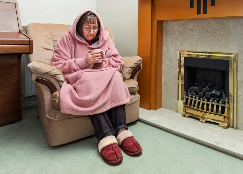 Elderly woman sitting near a fireplace