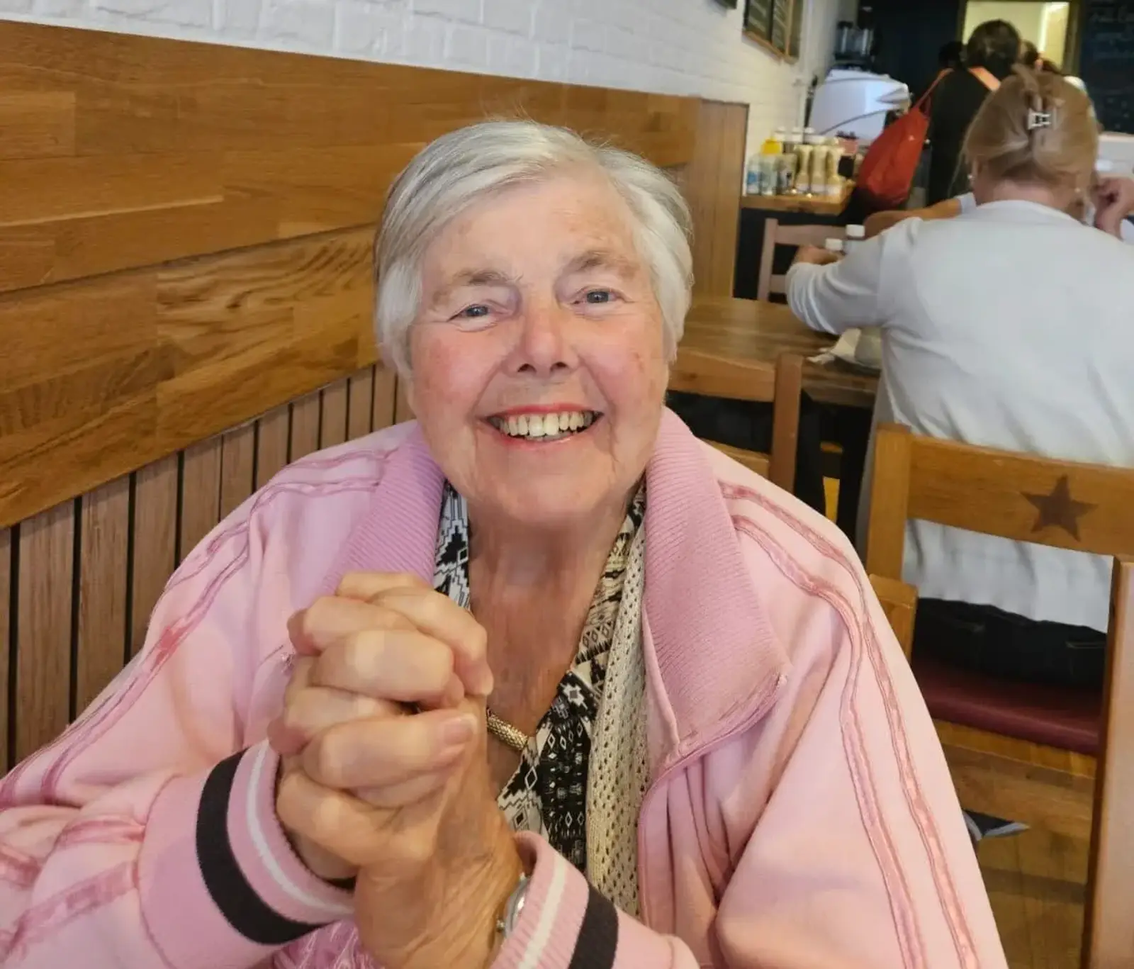 Sheila in a coffee shop