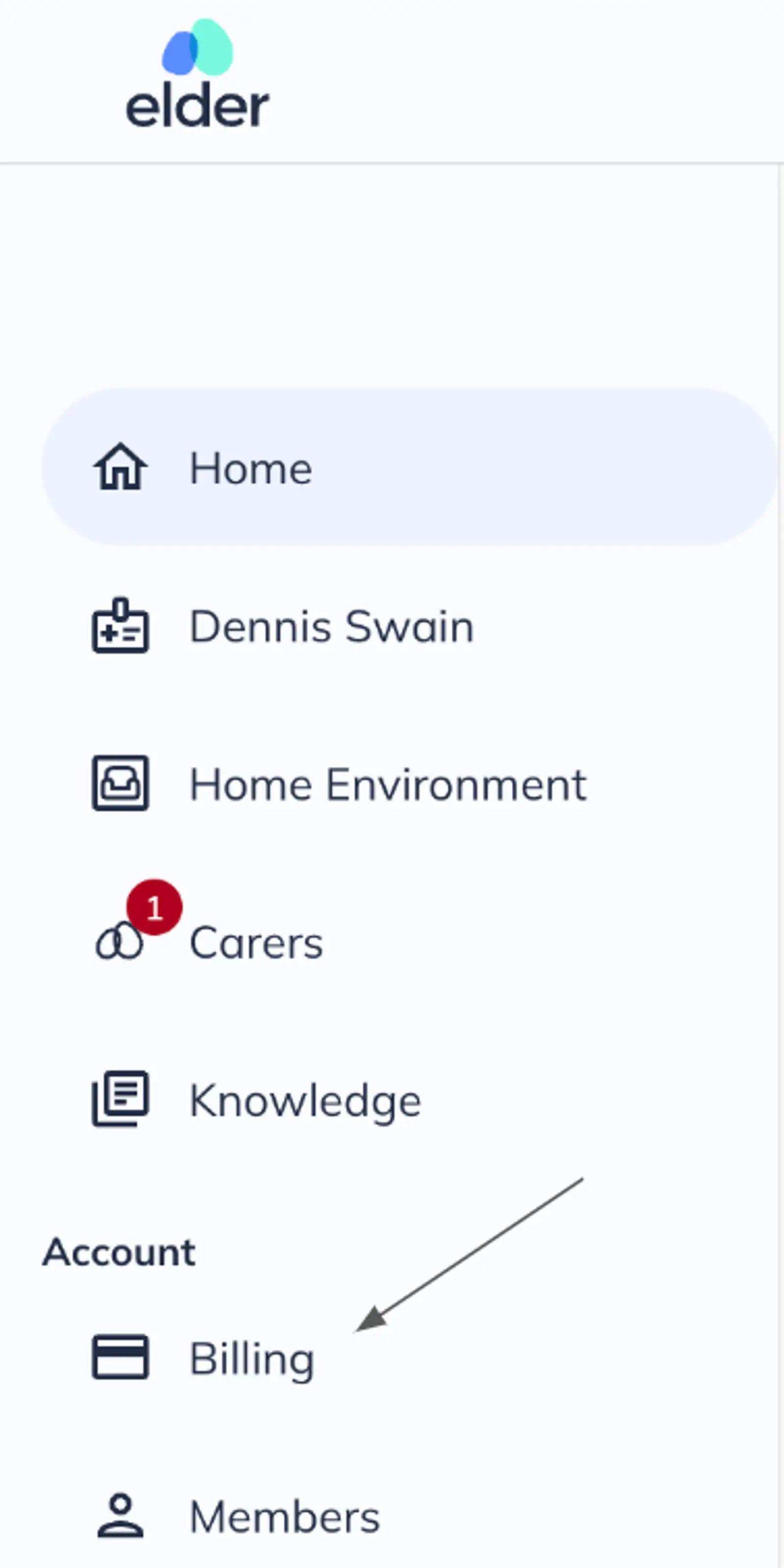 Screenshot of My Elder showing where the billing section link is in the navigtion
