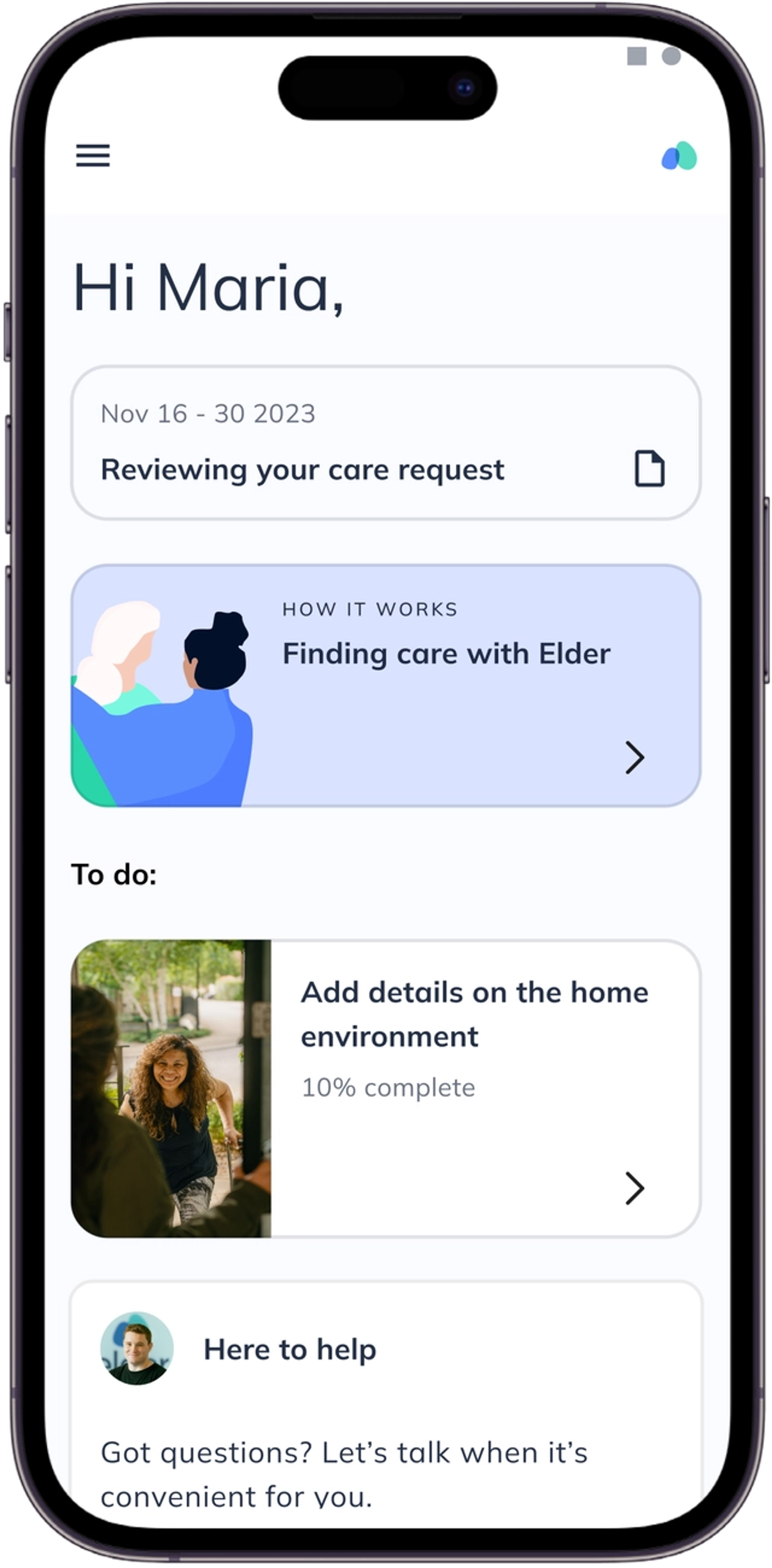 Screenshot of reviewing carers via the Elder app