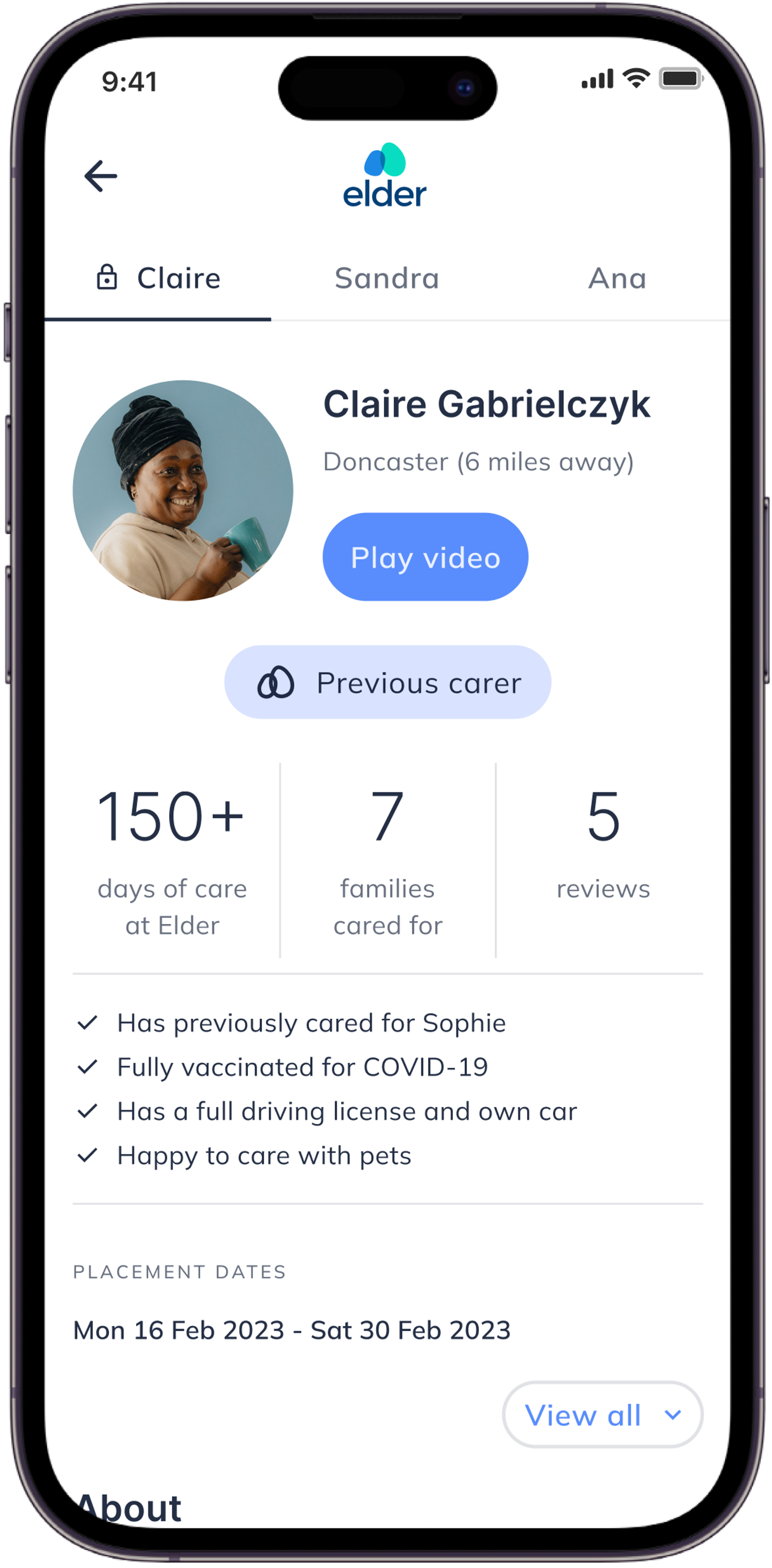 Screenshot of reviewing carers via the Elder app