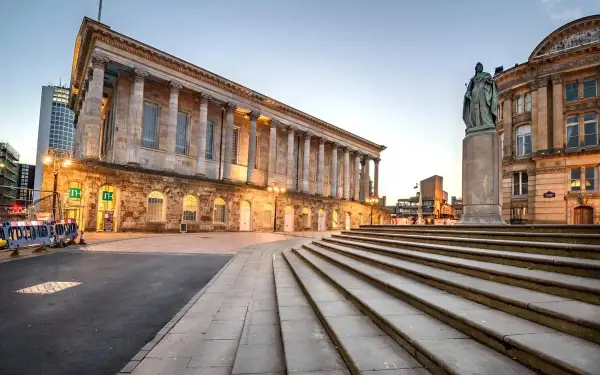 Birmingham Town Hall and the Queen Victoria statue in Victoria Square