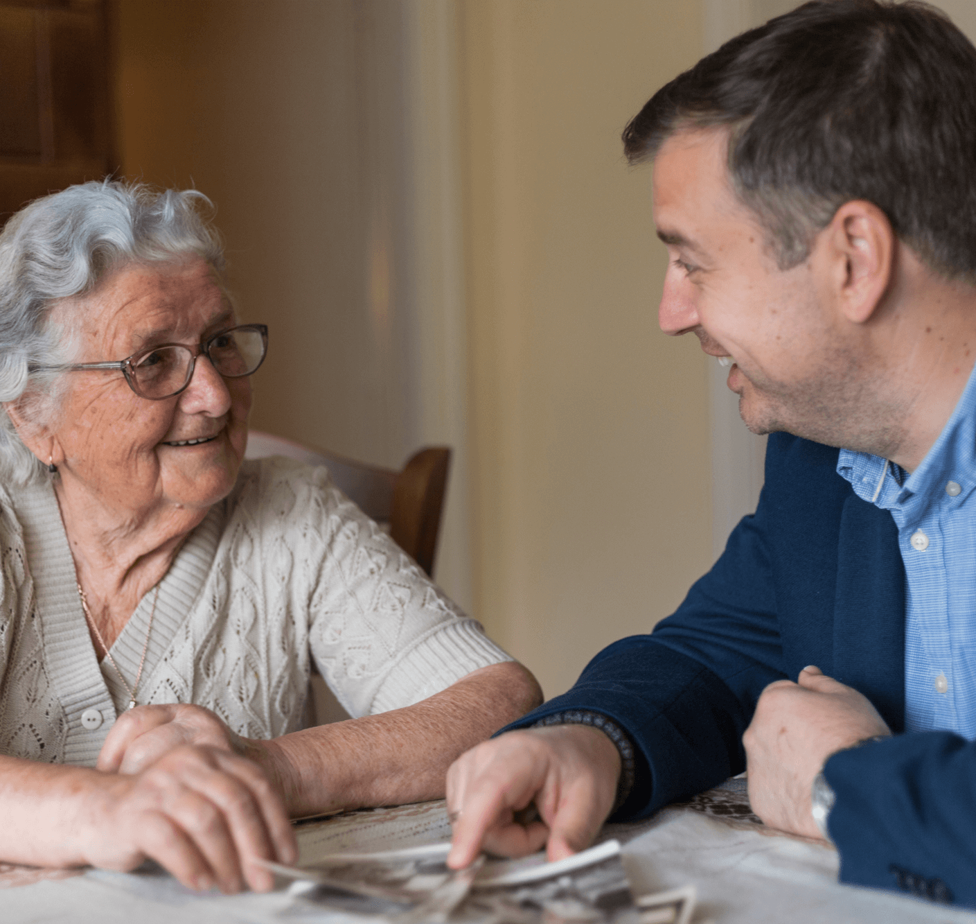 Elderly woman speaking with her son