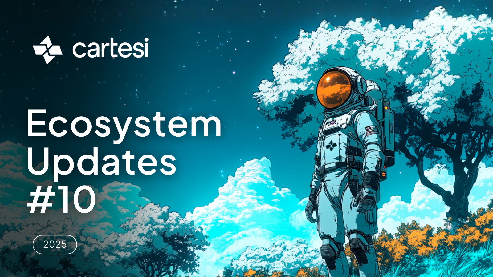 Cartesi Ecosystem Updates blog cover featuring an astronaut in a surreal, blue-and-orange landscape, symbolizing exploration and the future of modular blockchain technology.
