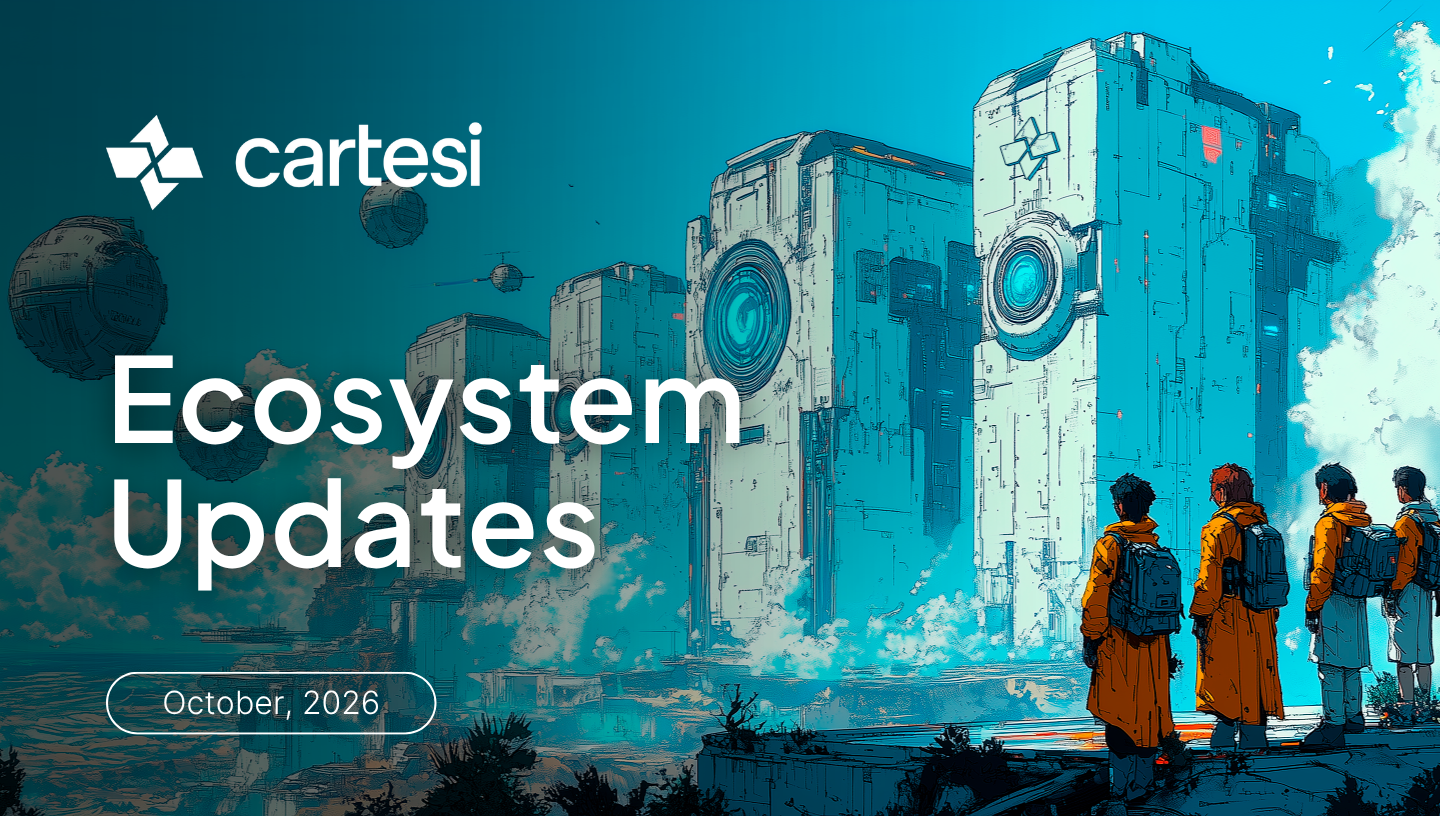 Futuristic cityscape with four explorers facing towering technological structures, featuring the Cartesi logo against a vibrant cyan sci-fi landscape.
