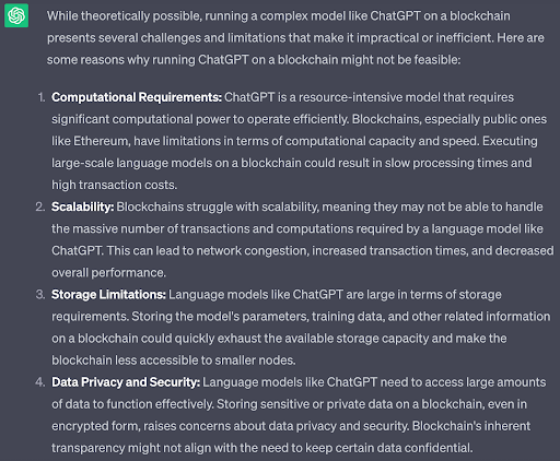  What ChatGPT thinks when prompted with “Can ChatGPT run on a blockchain?”