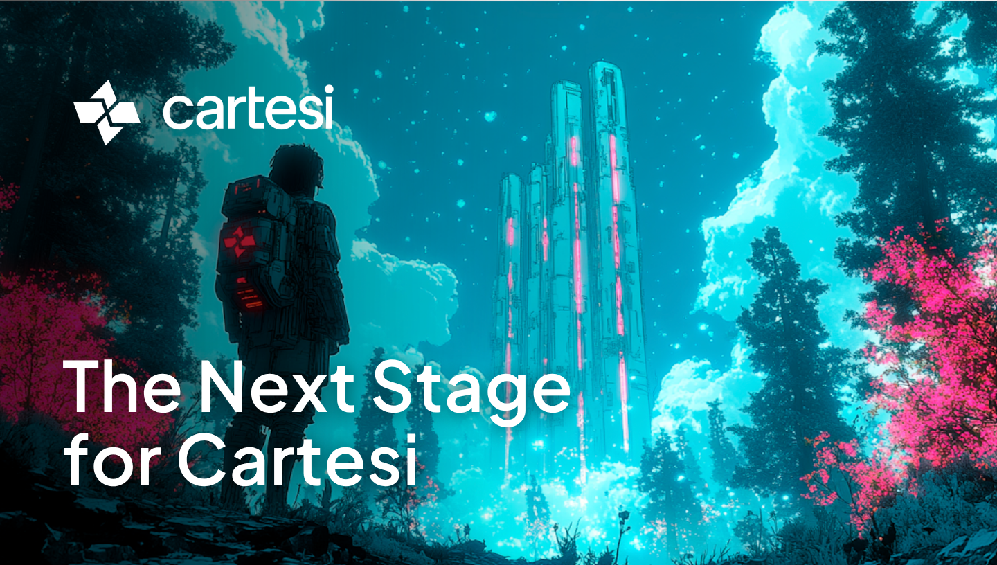 The Next Stage for Cartesi, showing a futuristic city rising through a forest landscape with an explorer looking toward it.