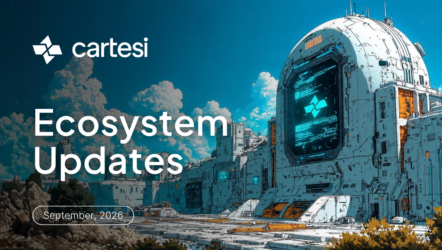 Cartesi Ecosystem Updates – September 2026. Futuristic sci-fi illustration of a sprawling technological complex with a large white structure displaying the Cartesi logo on a glowing digital screen, set against a vibrant blue sky. Cartesi branding and the report title appear in white on the left.