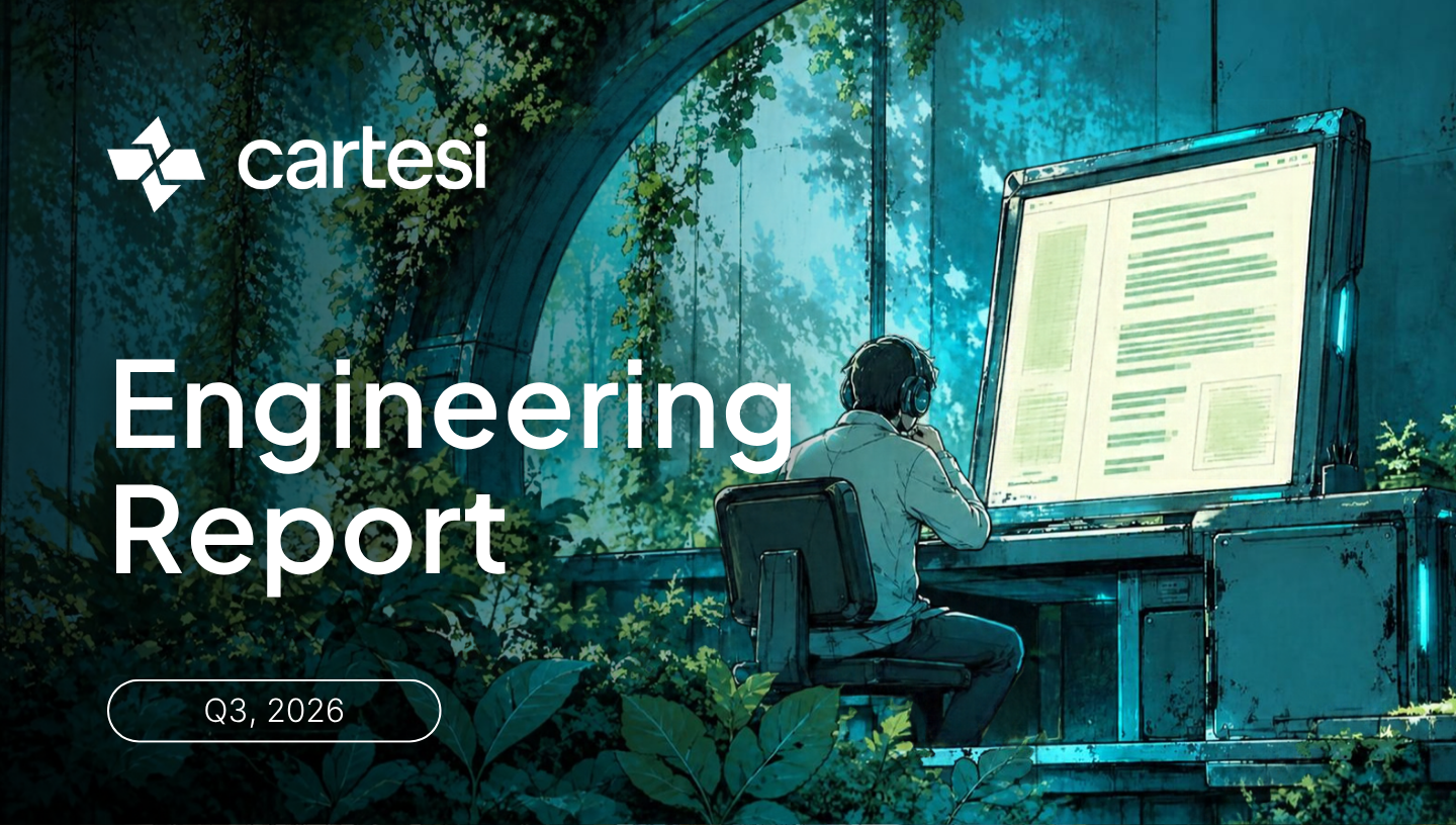 Cartesi Q3 2026 Engineering Report banner featuring an illustrated developer working at a computer surrounded by lush greenery, highlighting Cartesi’s quarterly engineering progress and development updates.