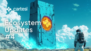 An astronaut stands in a rocky landscape with a large, glowing blue monolith in the center, featuring a fiery orange symbol. Above the monolith, the sky is filled with fluffy clouds. Text on the image reads: "cartesi," "Ecosystem Updates #4," and "2025."