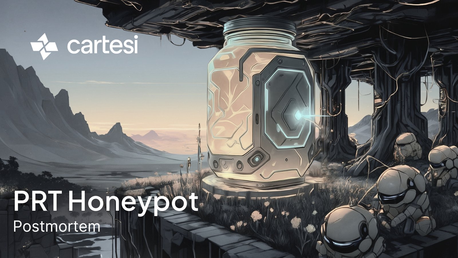 Futuristic digital artwork featuring a glowing high-tech container labeled "PRT Honeypot" with robotic figures surrounding it, set against a natural landscape with mountains. Includes references to Cartesi, cybersecurity, and postmortem analysis, highlighting the intersection of blockchain, AI, and autonomous agents.