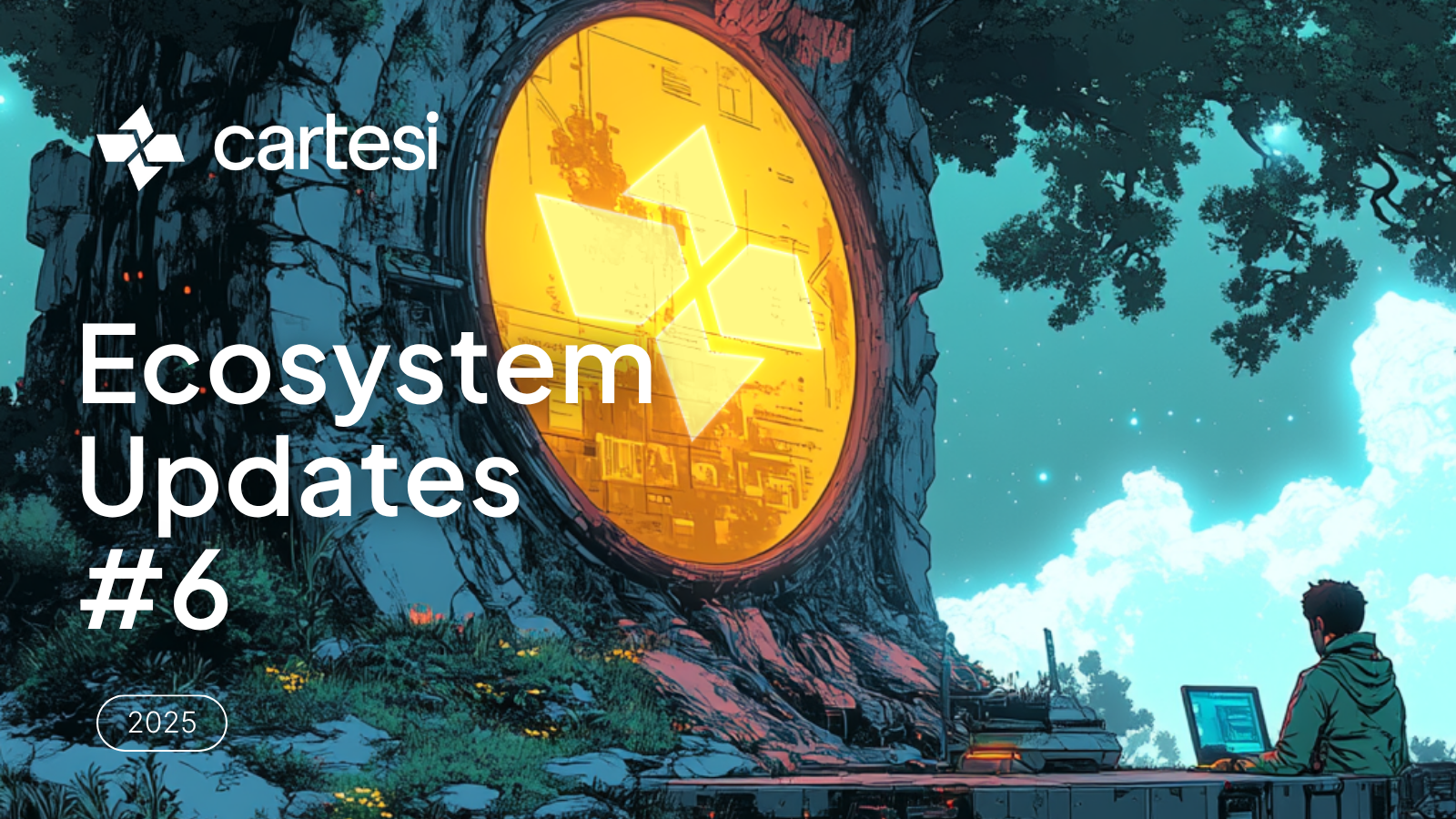 A fantastical digital illustration featuring the Cartesi logo and text 'Ecosystem Updates #6' with '2025' in the bottom left. A large, ancient tree or rock formation with a glowing, circular portal-like structure dominates the center, displaying a geometric pattern. A person sits at a desk with a laptop, facing the portal, under a vibrant, starry sky with clouds.